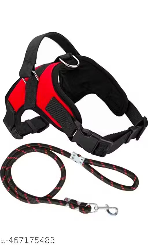 No-Pull Adjustable Dog Harness with Padded Chest & Heavy-Duty Rope Leash – Red & Black